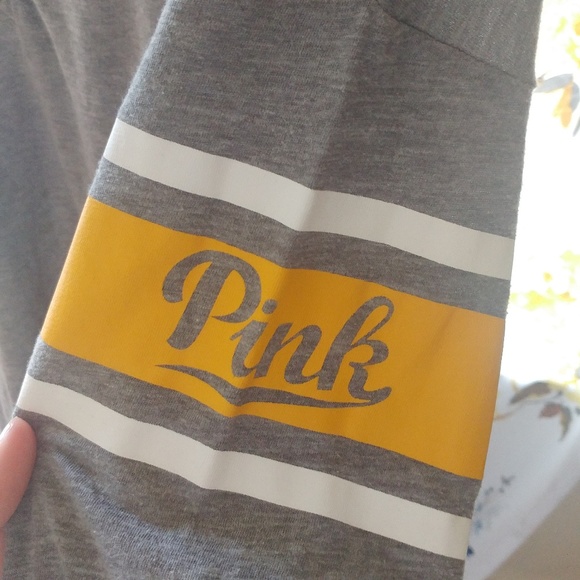 PINK Victoria's Secret • Grey Long Sleeve Stripe Yellow Henley Button Top XS - Picture 2 of 7